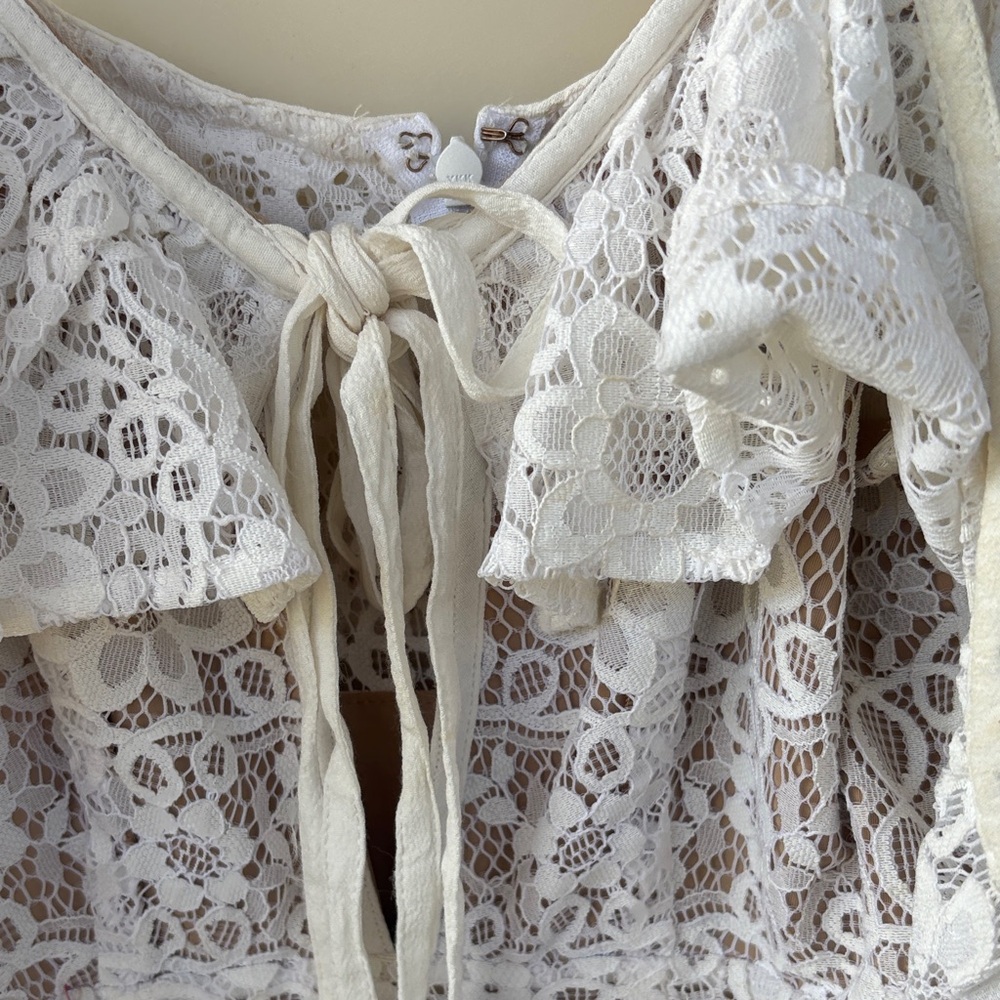For Love & Lemons “Rosemary” beige cold shoulder Ruffle double Tie Dress - Picture 7 of 10